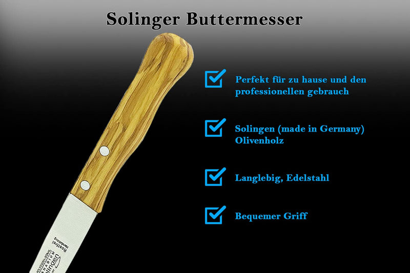 SMI - Bread Knife Solingen Butter Knife Olive Wood Handle Butter Spreader Table Knife with Wide Blade - Made in Germany - Not Dishwasher Safe - BeesActive Australia