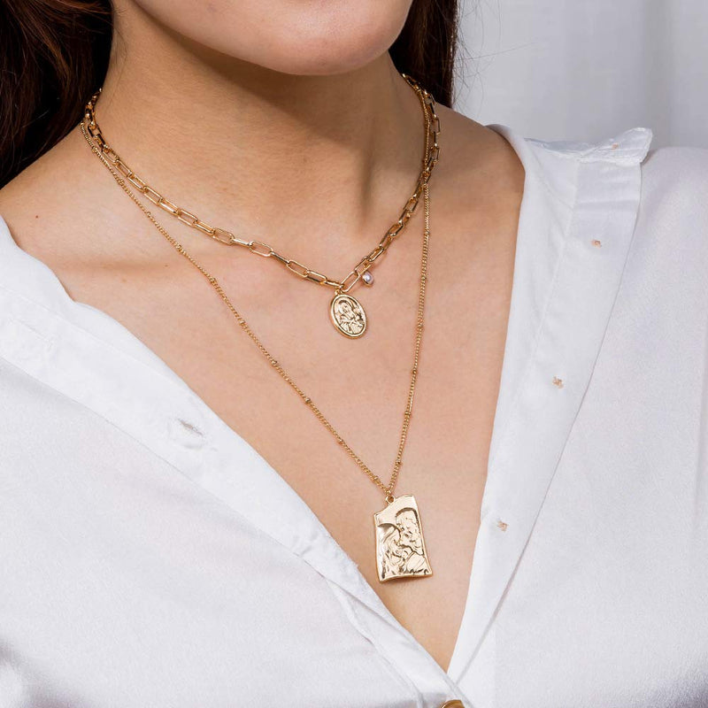 fxmimior 2 Tier Dainty Thick Pearls Coin Pendant Gold Layered Necklace Long Chain Multilayer Punk Necklace Set Jewelry for Women Lady Girls Gift Jewelry - BeesActive Australia