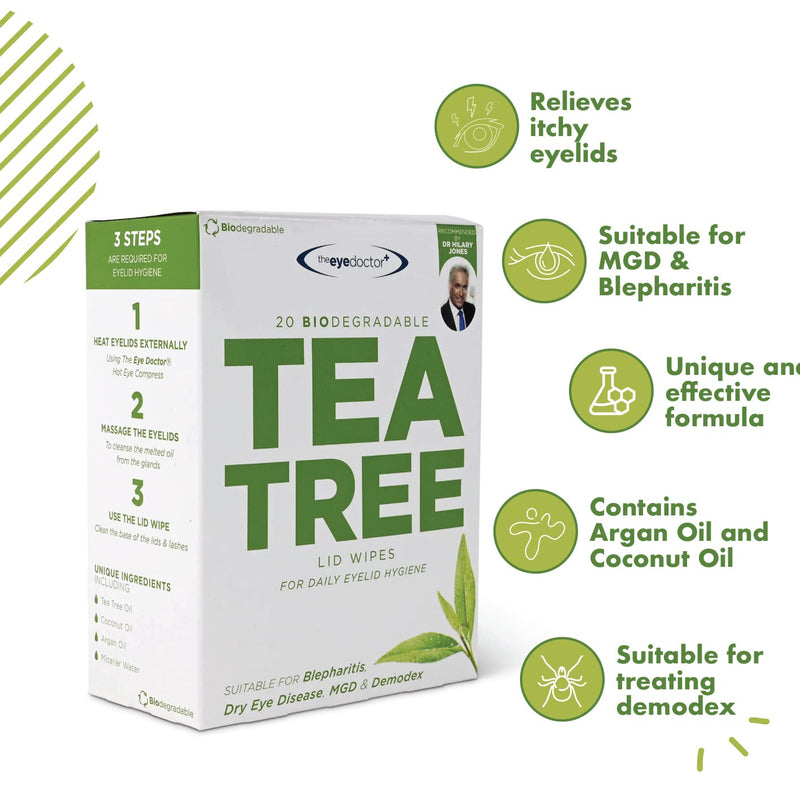 The Eye Doctor Tea Tree Eyelid Wipes - 80x Single Use Tea Tree Eye Wipes – Suitable for Sensitive Eyes, Dry Eyes, Blepharitis, MGD & Demodex – Environmentally Friendly, Biodegradable 80 count (Pack of 1) Tea Tree Wipes - BeesActive Australia