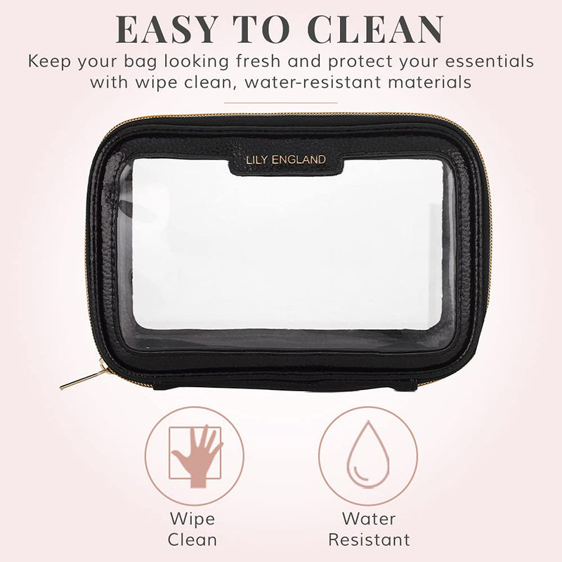 Clear Travel Makeup Bag Organiser - Small Portable Airport Toiletry Cosmetic Case by Lily England, Black and Gold - BeesActive Australia