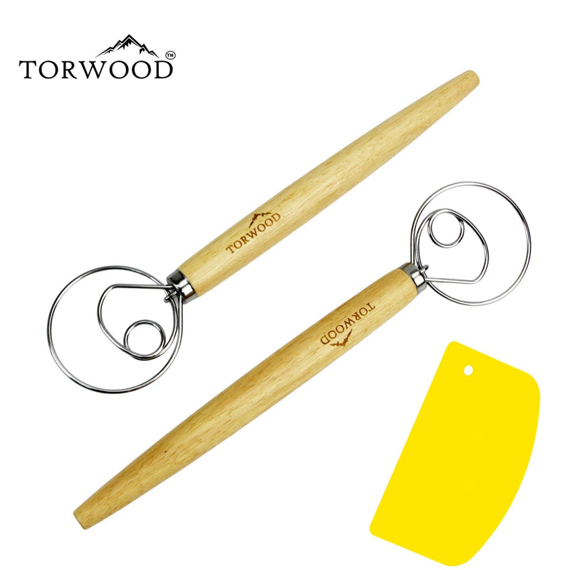 2 Pack Danish Dough Whisk Large 13.5 inches Torwood Stainless Steel Wooden Dutch Style Hook for Baking, Loaves, Pastries and Pizza, comes with a Dough Scraper 2 - BeesActive Australia