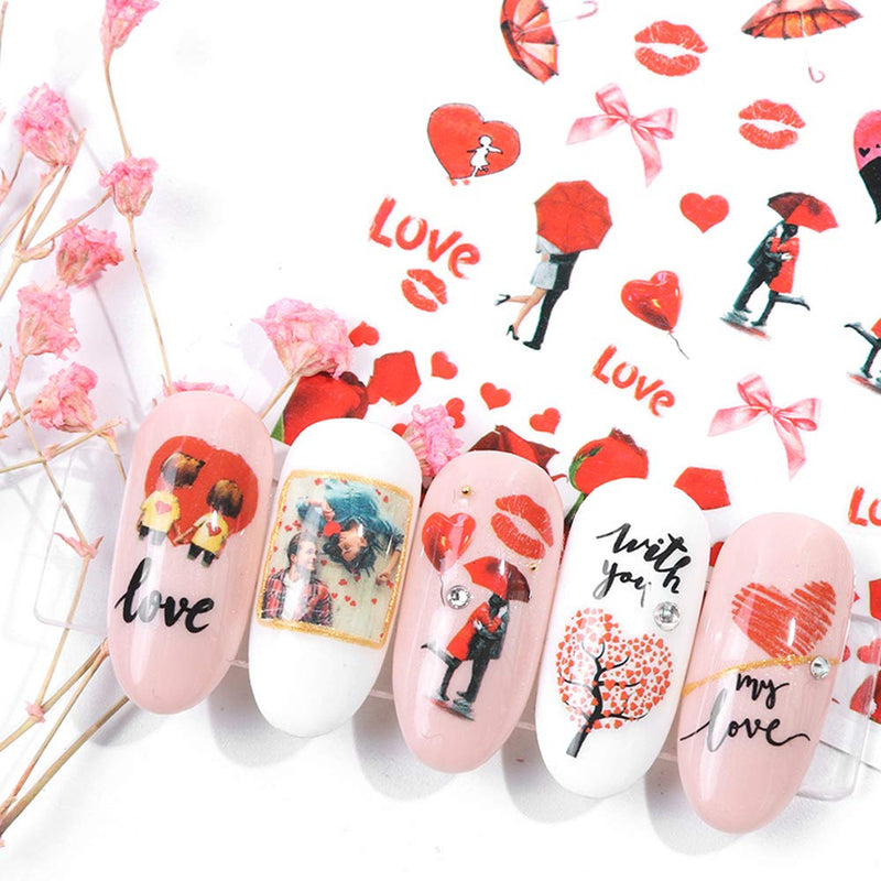 Valentines Nail Art Stickers 8 Sheets Sexy Lips Romantic Rose Love Heart Kiss Design Nail Art Decals Water Transfer Nail Stickers for Women Girl Dating Valentine's Day Decor - BeesActive Australia