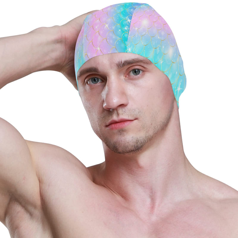 Dallonan Swimming Cap Summer Unisex Adult Swim Cap Polyester Scales Fish Rainbow - BeesActive Australia