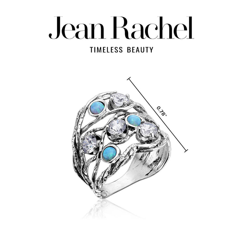 925 Sterling Silver Ring With 3 Blue Round Opal and 4 White Round Cubic Zirconia, Boho Chic Vintage Look, Hypoallergenic, Nickel and Lead-free, Artisan Handcrafted Designer collection, Made In Israel 6 - BeesActive Australia
