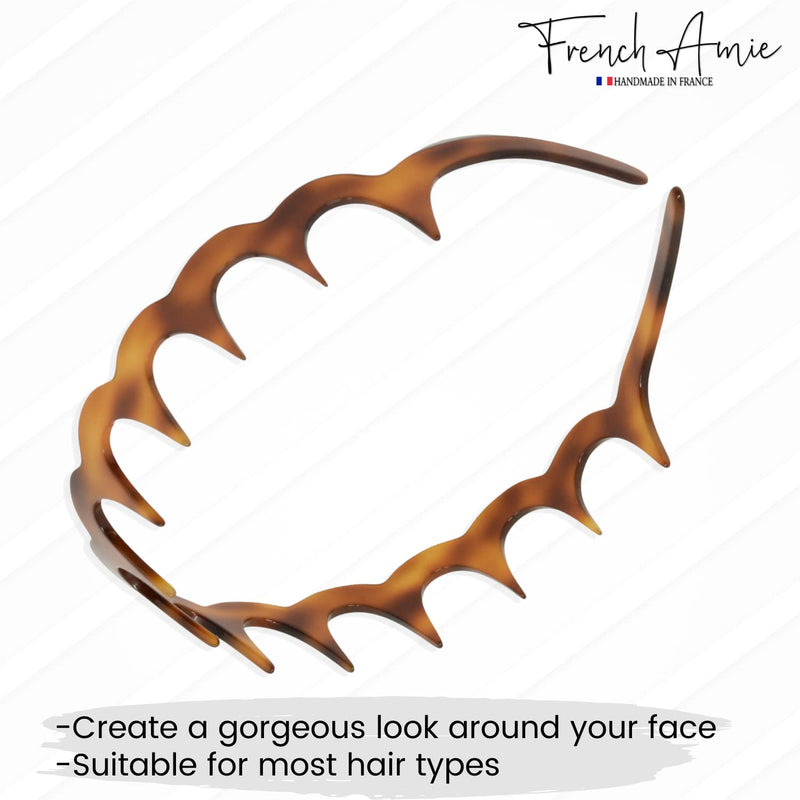 French Amie Zig Zag Scallop 1 1/4" Wide Teeth Celluloid Handmade Hair Head bands for Girls Very Flexible Strong Hold Non Slip Grip Durable Styling Women Hair Accessories, Made in France (Tortoise Shell Brown) Tortoise Shell Brown - BeesActive Australia