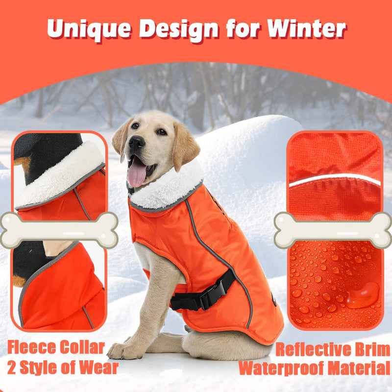 EMUST Dog Winter Coat, Thick Waterproof Dog Winter Jacket, Warm Fleece Cold Weather Dog Coat Pet Apparel for Small Medium Large Dogs with Furry Collar(S-3XL) Orange - BeesActive Australia