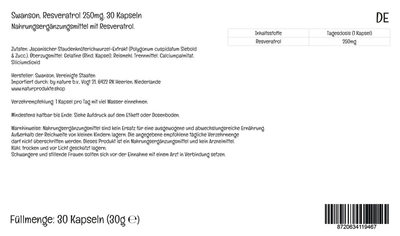 Swanson, Resveratrol, 250mg, 30 Capsules, High Dose, Lab-Tested, Soy Free, Gluten Free, Non-GMO - BeesActive Australia
