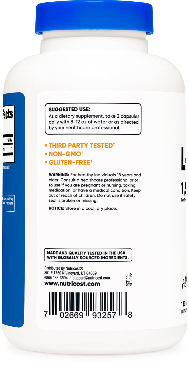 Nutricost L-Citrulline 750mg, 180 Capsules - 1500mg Per Serv, Gluten Free 180 Count (Pack of 1) - BeesActive Australia