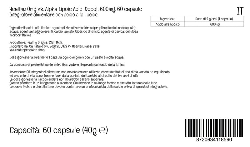 Healthy Origins Alpha-Lipoic Acid, 600mg, Depot, 60 Vegan Capsules, Laboratory Tested, Vegetarian, Gluten Free, SOYA Free, Non-GMO - BeesActive Australia