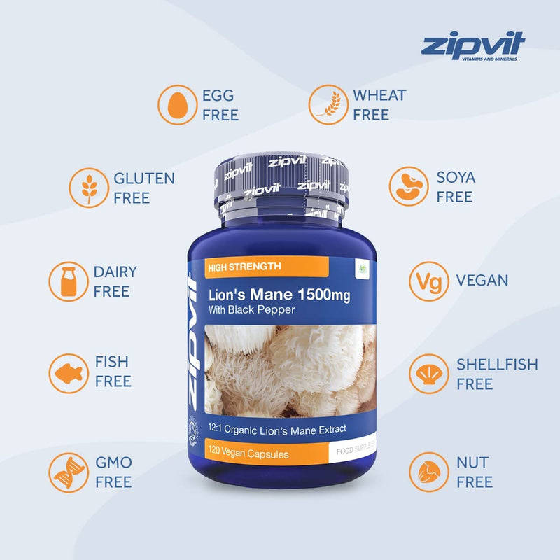 Organic Lions Mane Capsules 1500mg - 120 Vegan Lions Mane Supplement Capsules. Lions Mane Mushroom with Organic Black Pepper For Focus - BeesActive Australia