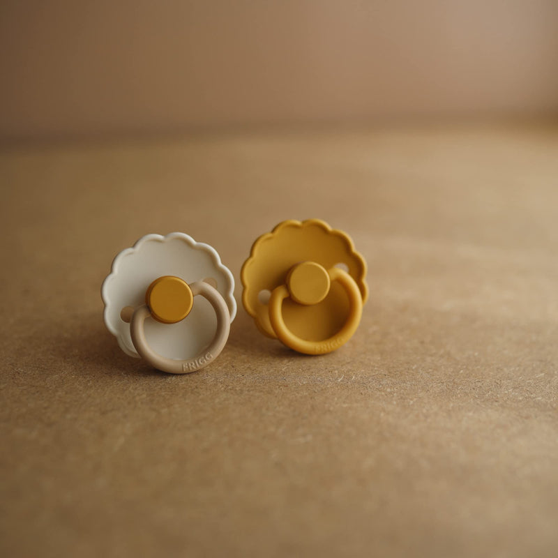 FRIGG Daisy Natural Rubber Baby Pacifier | Made in Denmark | BPA-Free (Chamomile/Peach Bronze, 6-18 Months) 2-Pack 6-18 Month Chamomile/Peach Bronze - BeesActive Australia