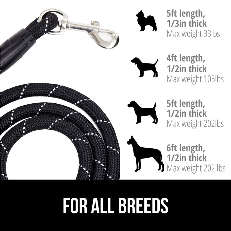 Gorilla Grip Durable Dog Leash, Soft Handle, Reflective Rope Pet Leashes for Puppy, Small and Large Dogs, Rotating Clip, Waste Bag Dispenser 5 Feet x 1/2 Inch Black - BeesActive Australia