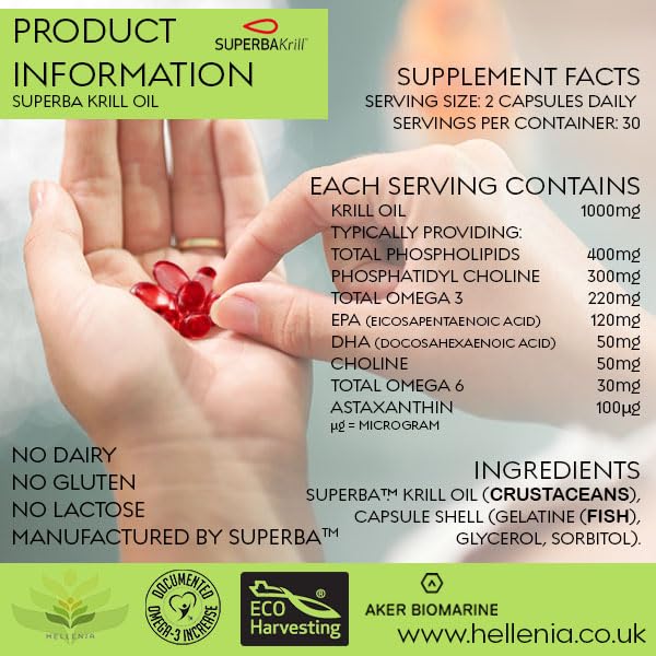 Hellenia Superba Krill� 100% Antarctic Krill Oil Capsules 500mg | Natural Source of Astaxanthin & DHA | Highest Purity, Lowest Sodium, 1 Month Supply - BeesActive Australia