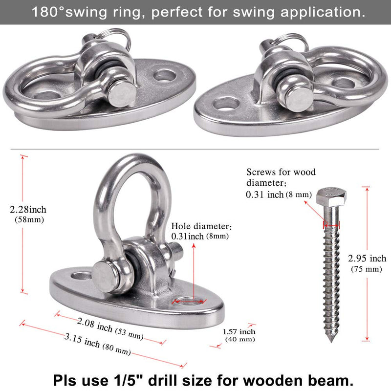 BeneLabel Set of 2 Permanent Antirust Stainless Steel 304 Heavy Duty Swing Hangers, 2000 LB Capacity, 4 Wood Screws for Wooden Beam, Yoga Hammock Chair Sandbag, Swing Sets, 180° Swing - BeesActive Australia