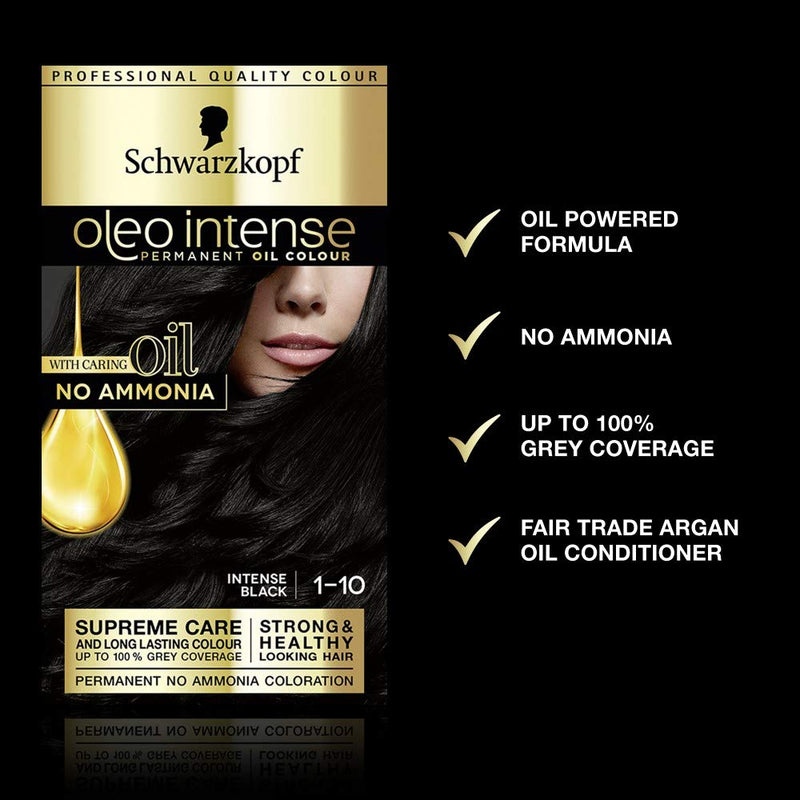 Schwarzkopf Oleo Intense Permanent Black Hair Dye, Oil Enriched, Ammonia Free, Up to 100 Percent Grey Coverage, Intense Black 1-10 - BeesActive Australia