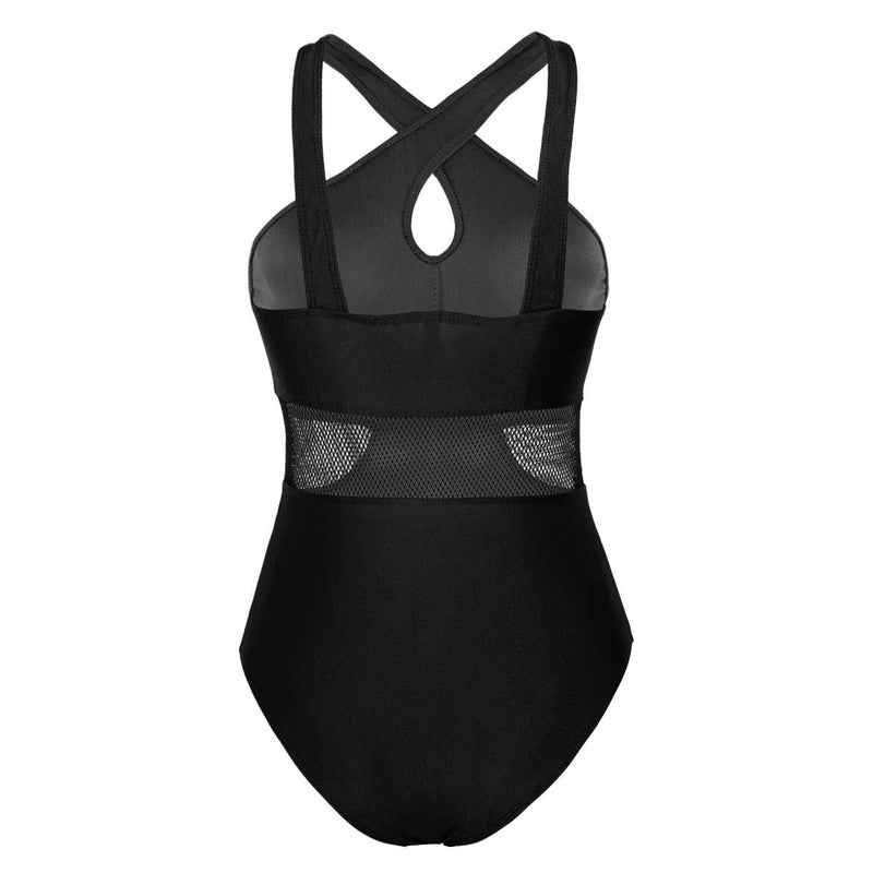 [AUSTRALIA] - inhzoy Womens One Piece Criss Cross Sheer Mesh Splice High Cut Bodysuit Ballet Dance Gymnastics Leotard Black Large 