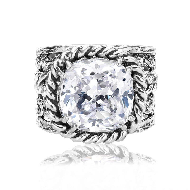 925 Sterling Silver Ring With Cushion Cubic Zirconia CZ, Multi Textured, Vintage Look Stylish Hypoallergenic, Nickel and Lead-free, Artisan Handcrafted Designer Collection Made in Israel (Size 5-11) 11 - BeesActive Australia