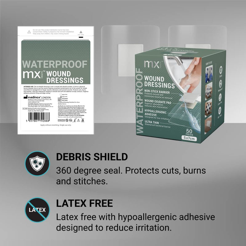 mx HEALTH Waterproof Wound Dressing Film+PAD - 5X7CM (2.5X4CM Wound PAD) - 50 Individually Wrapped DRESSINGS PER Box - BeesActive Australia
