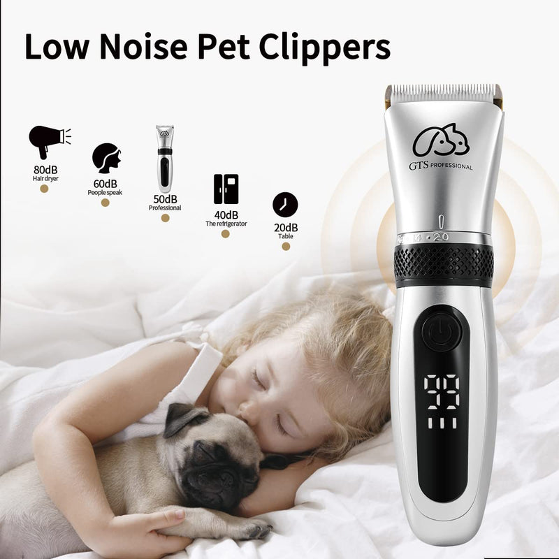 Pet Clippers Professional Dog Grooming kit Adjustable Low Noise High Power Rechargeable Cordless Pet Grooming Tools , Hair Trimmers for Dogs and Cats, Washable（IPX5), with LED Display. Frosted Silver - BeesActive Australia