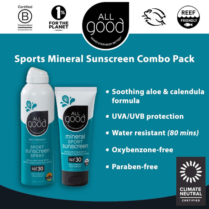 All Good Sport Face & Body Sunscreen - UVA/UVB Broad Spectrum, Water Resistant, Coral Reef Friendly - 30 SPF Sunscreen Spray & Lotion 2-Pack - BeesActive Australia