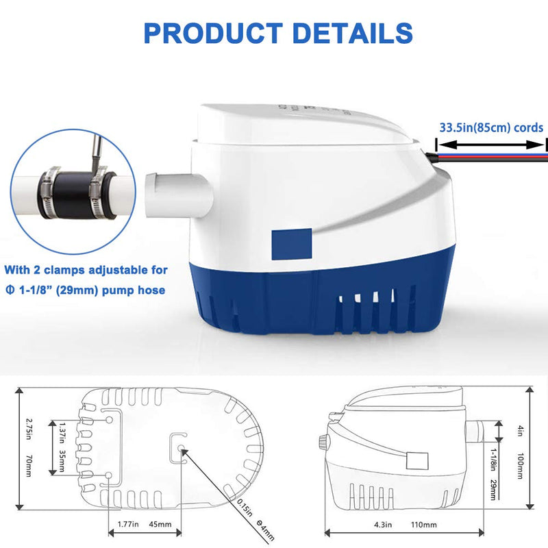 UYGALAXY Boat Bilge Pump with Float Switch 1100GPH 12V 12ft Head Automatic Submersible Water Pump with Hose Clamps - BeesActive Australia