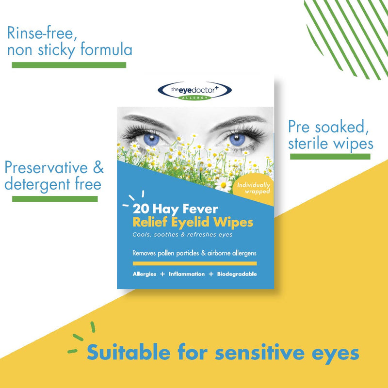 The Eye Doctor Hay Fever Relief Eyelid Wipes - 20x Single Use Eye Wipes for Allergy & Hayfever - Inflammation, Watery Itchy Eyes, Headaches & Migraines - Cooling Soothing Relief 20 Count (Pack of 1) Allergy Wipes - BeesActive Australia