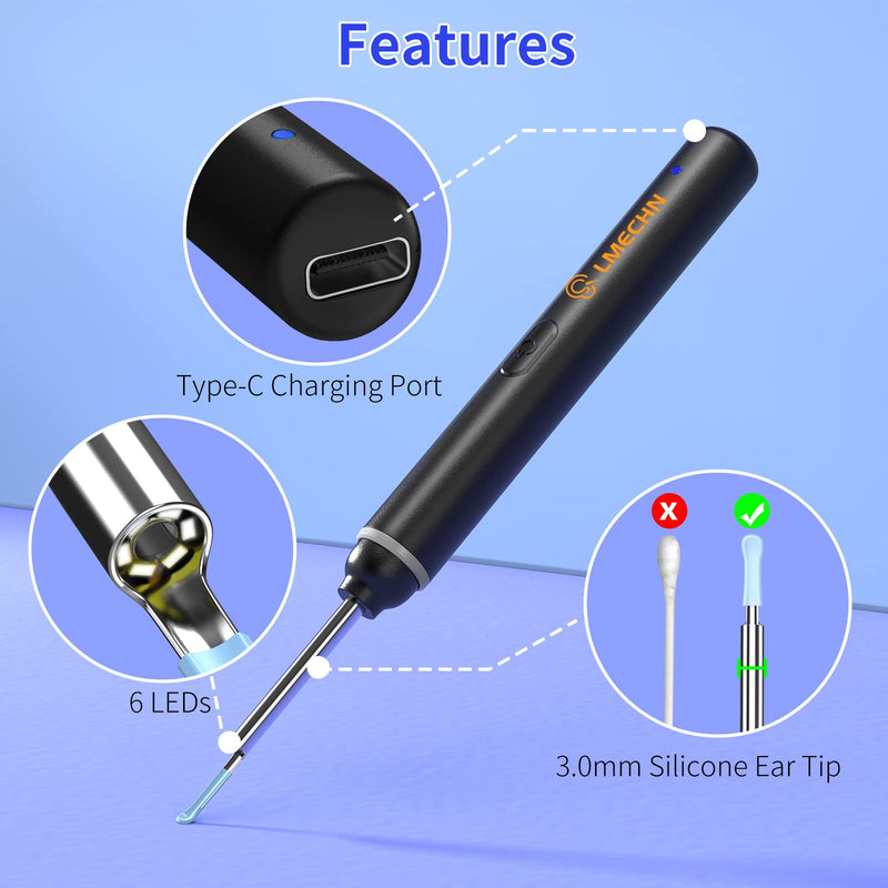 LMECHN Ear Wax Removal 1920P Wireless Ear Cleaner Otoscope with 8pcs Cleaning Kit 3.0mm Visual Ear Camera with 6 LED Lights Portable Endoscope Remover for iPhone, Ipad & Android Smart Phones (Black） Black - BeesActive Australia