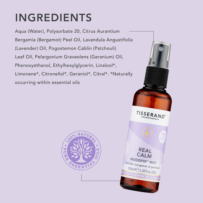 Tisserand Aromatherapy - Real Calm MoodFix Mist - 100% Pure Essential Oil - Lavender, Bergamot, and Patchouli - Calming Aromatherapy - 100ml - BeesActive Australia