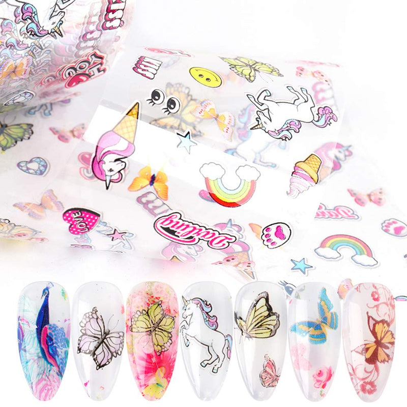 Butterfly Nail Art Foils Transfer Stickers Nail Art Supplies Flower Heart Unicorn Butterflies Nail Design Decals Adhesive Nail Foils Nail Art Decoration Manicure Transfer Tips Nail Arts (10 Sheets) - BeesActive Australia