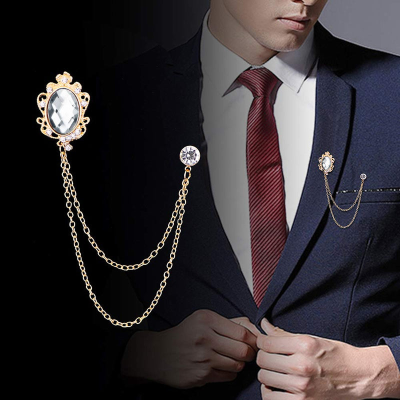 Huture 2 Packs Men's Gem Brooch Lapel Pin Badge Hanging Chains Collar Brooches Pin for Career Suit Tuxedo of Shirts Tie Hat Scarf for Boyfriend Father Birthday Gift, Gold Silver White - BeesActive Australia