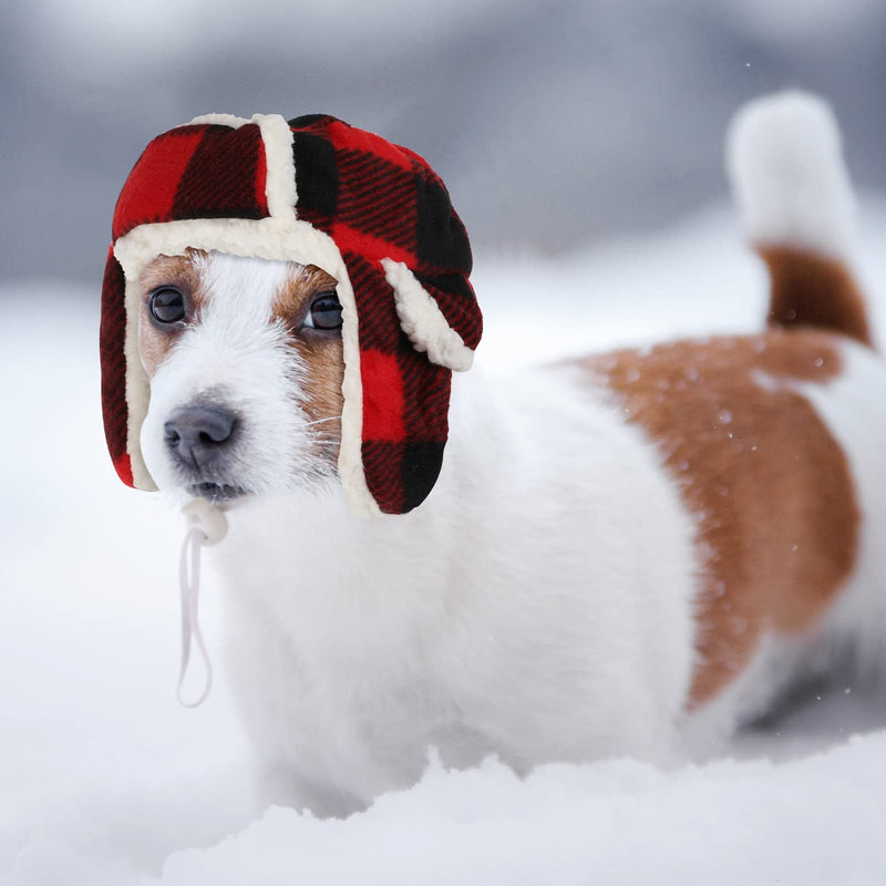 2 Pieces Christmas Dog Hats with Earmuffs Pets Adjustable Warm Trapper Hat Winter Adjustable Pet Red Plaid Pet Hat Xmas Dog Headwear for Small Dogs - BeesActive Australia
