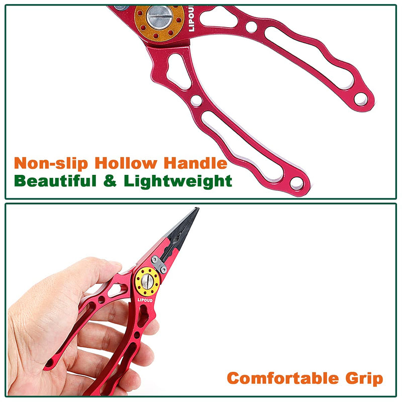 LIPOUD Aluminum Multitool Fishing Pliers with Hook Remover Lead Pressing Thread Cutting Split Ring and Lanyard Red - BeesActive Australia