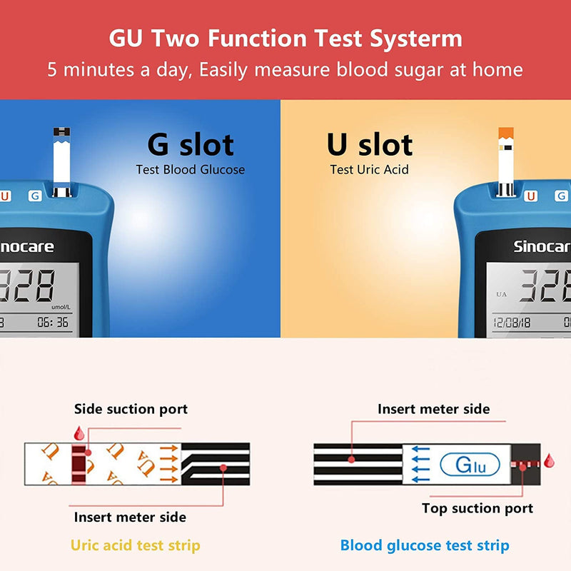 sinocare 2-in-1 Uric Acid & Blood Glucose Test Kit, Safe AQ UG Multifunctional Monitor for Blood Sugar & Gout Test, w/Test Strips x 100 & Lancing Devices x 100, for Diabetics & Gout - in mmol/L Safe AQ UG test kit w/ strips × 100 - BeesActive Australia