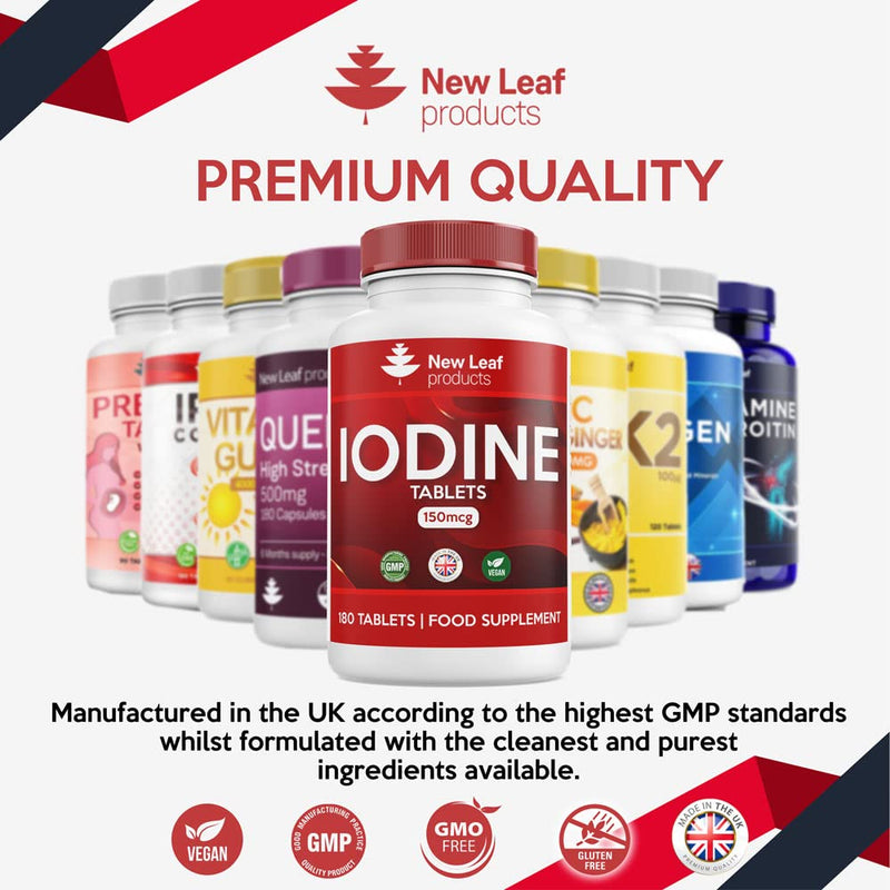 Iodine Tablets 150mcg 180 Vegan High Strength Tablets Iodine Supplements, Natural Source of Iodine from Potassium Iodide, 6 Month Supply, GMO Free, Made in UK by New Leaf 180 Count (Pack of 1) - BeesActive Australia