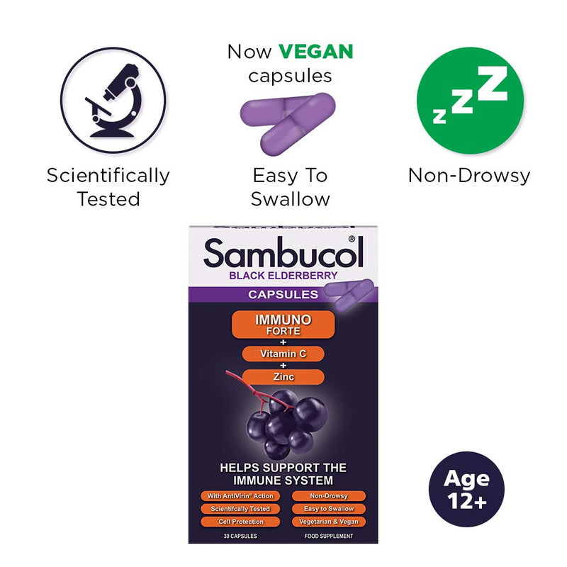 Sambucol Natural Black Elderberry Immuno Forte Capsules | Vitamin C | Zinc | Immune Support Supplement | 30 Capsules - BeesActive Australia
