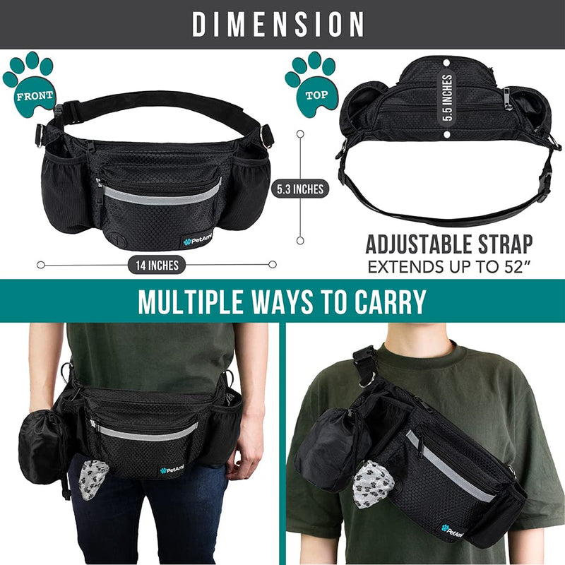 PetAmi Dog Fanny Pack, Treat Pouch for Dog Walking, Training, Built in Poop Bag Dispenser, Water Bottle Holder, Collapsible Bowl, Pet Treat Waist Belt for Hiking, Running, Kibbles Black - BeesActive Australia