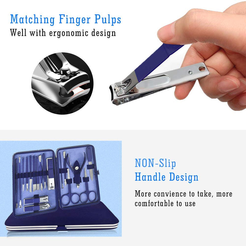 Manicure Set Professional Nail Clippers - 18 in 1 Nail Kit Grooming Kit High Stainless Steel Nail Kit Cutter Nail File Sharp Nail Scissors and Clipper Fingernails with Portable Stylish Case (Blue) Blue - BeesActive Australia