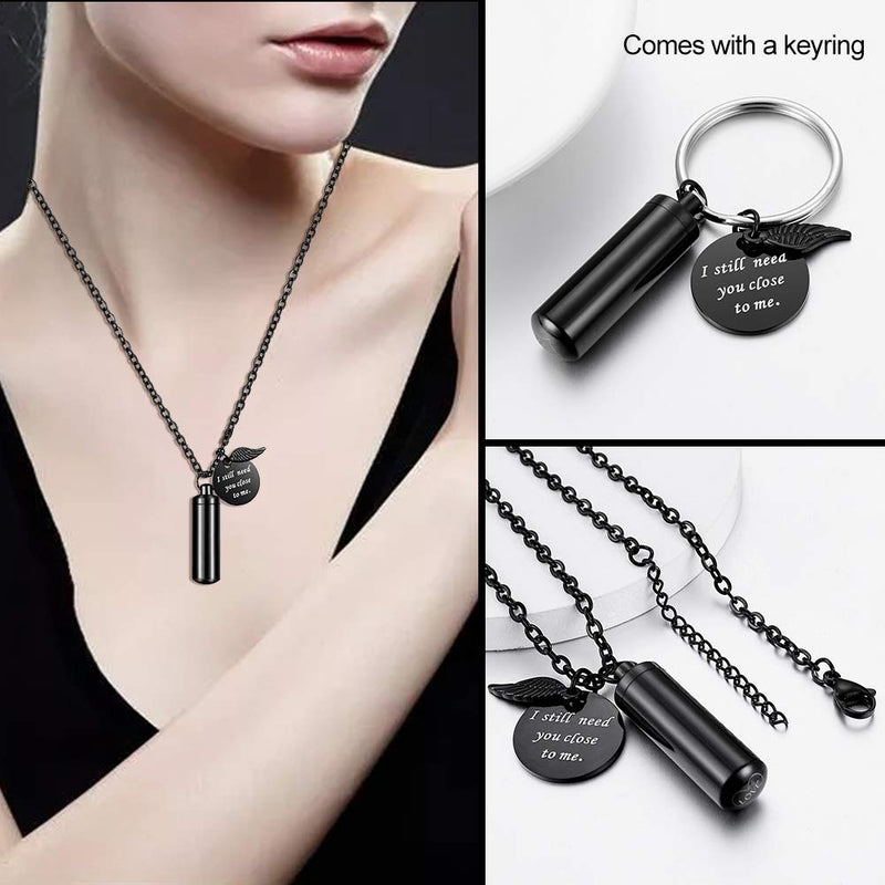 Cylinder Cremation Jewelry Urn Necklace for Ashes Memorial Ashes Necklace with Angel Wing Charm Memorial Keepsake for Pet Human-I Still Need You Close to Me Black-M non-engraving - BeesActive Australia