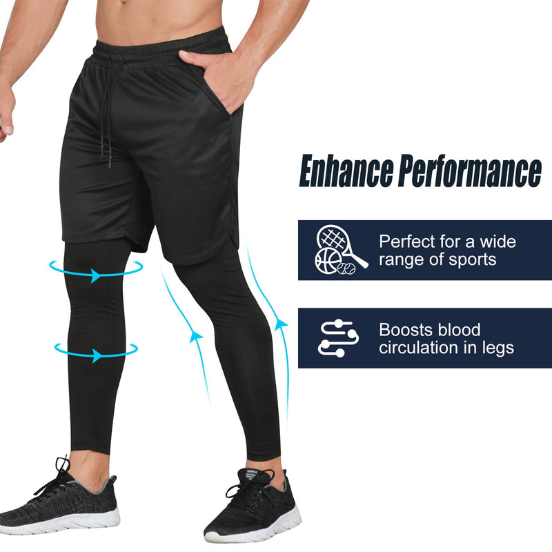 Odoland 2 Pack Mens Compression Running Pants, 2 in 1 Quick Dry Athletic Workout Sweatpants Shorts Gym Leggings with Pocket Black/ Army Green Medium - BeesActive Australia