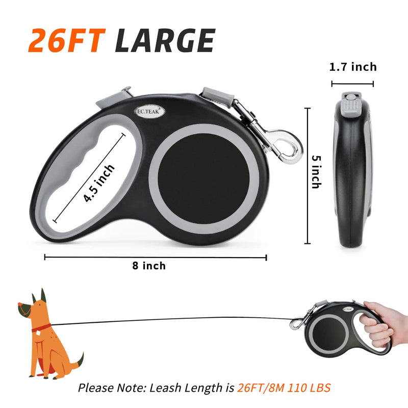 EC.TEAK Retractable Dog Leash, 26 Feet/ 16 Feet Dog Walking Leash for Medium Large Dogs up to 77 lbs/ 110 lbs, Heavy Duty No Tangle, Large 26 FT (≤110 lbs) Black - BeesActive Australia
