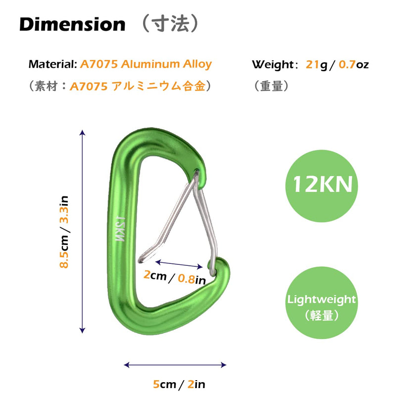 TRIWONDER 12KN 25KN Aluminium Wire Gate Carabiners for Hammock - Heavy Duty D Shape Carabiners Lightweight Carabiner Clips for Camping Hiking 12KN Wire Gate - 4 Green - BeesActive Australia
