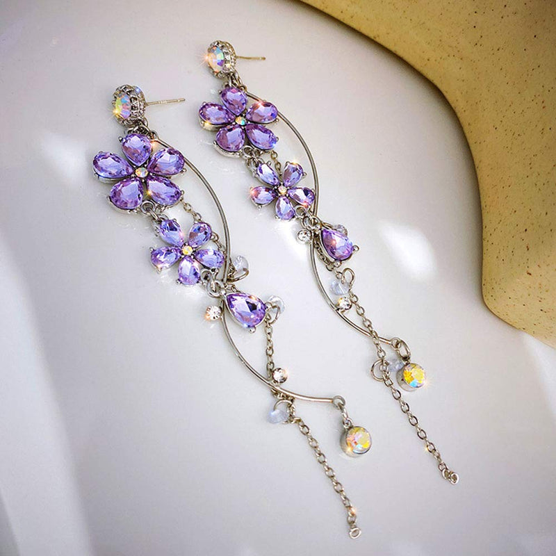 Xerling Crystal Wedding Flower Drop Earrings Long Purple Flower Tassel Earrings Rhinestones Dangle Stud Earrings for Women Teen Girls - BeesActive Australia