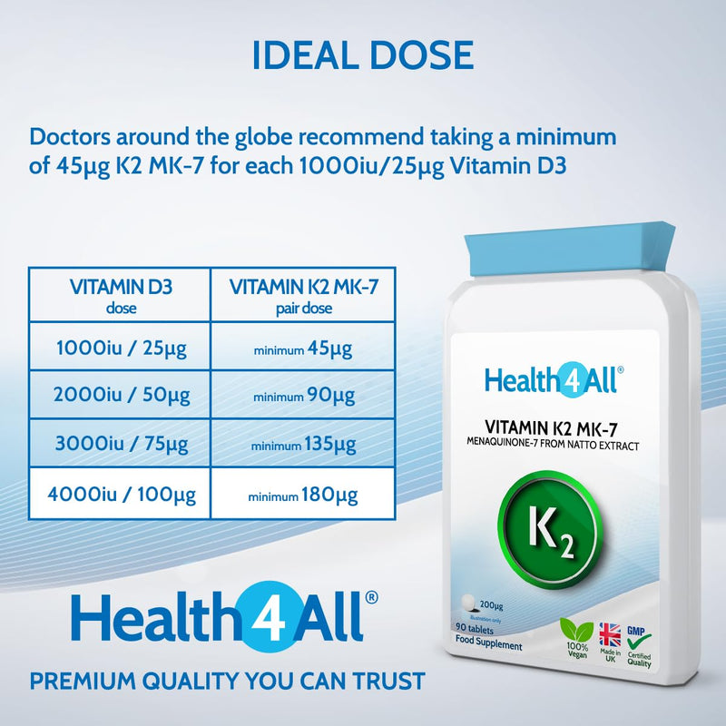 Health4All Vitamin K2 MK7 200mcg 90 Tablets (V) Natural Vegan MK7 from Natto Beans Fermentation. High Strength k2mk7 Tablets (not Capsules) K2 Vitamin Supplements. VIT K2 mk7 90 Count (Pack of 1) - BeesActive Australia
