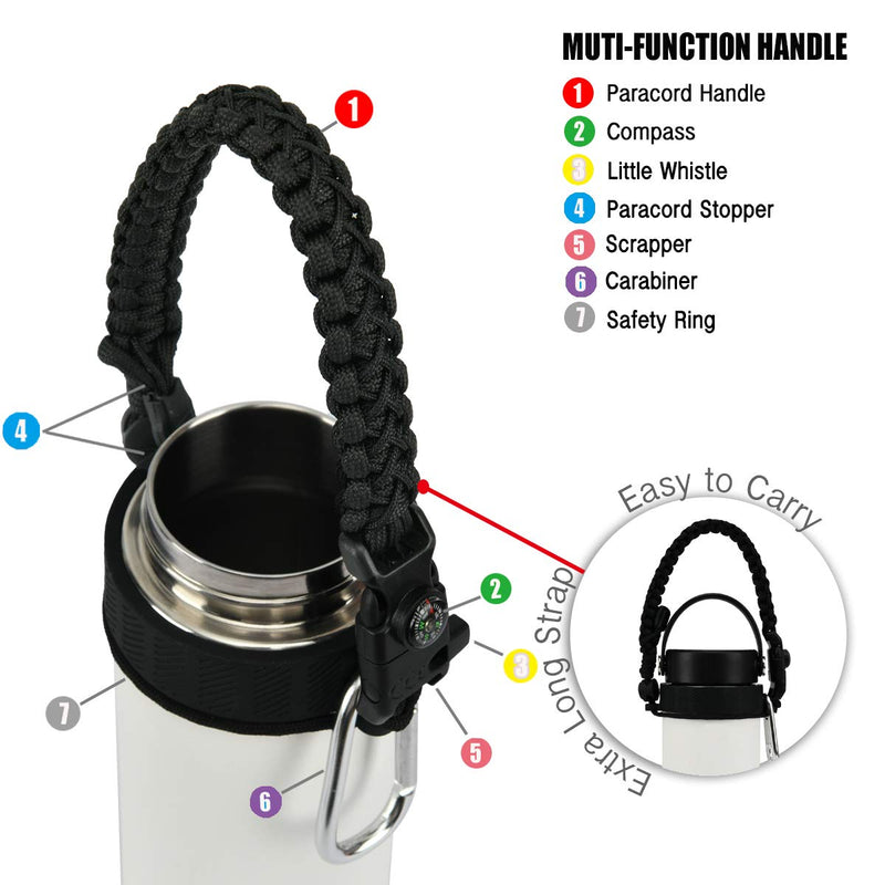 QeeCord 2.0 Paracord Handle for Hydroflask 2.0 Wide & Standard Mouth Water Bottles Strap Carrier with New Safety Ring Holder, 12oz - 64oz 12 oz-20 oz Wide Mouth Black - BeesActive Australia
