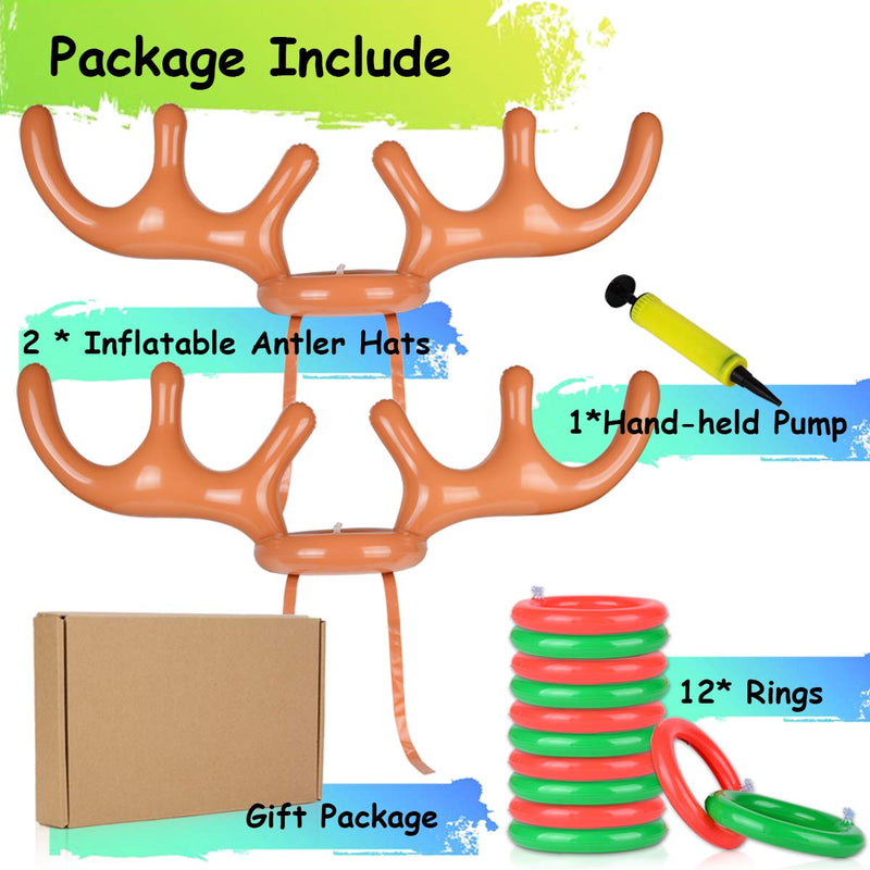 [AUSTRALIA] - 2 Set Inflatable Reindeer Antler Game, (2 Inflatable Antler, 12 Rings Reindeer Ring Toss) Inflatable Reindeer Antler Hat with Rings, Family Christmas Party Games 