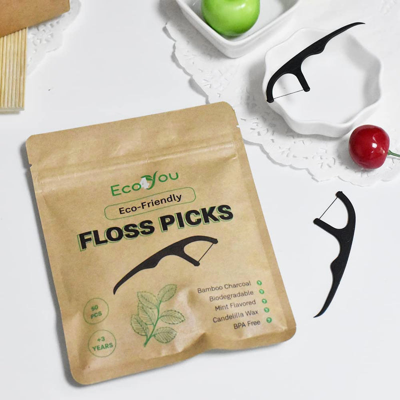 EcoYou Natural Bamboo Charcoal Dental Floss Picks | 200 Count (Pack of 4) | Candelilla Wax & Mint Flavored | Eco Friendly, Biodegradable, Plastic Free, Vegan, BPA Free - BeesActive Australia