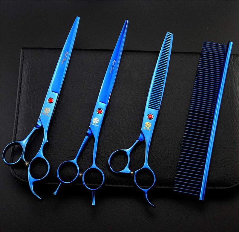 Purple Dragon 8.0" Titanium Multicolor Professional Pet Grooming Scissors Set,Straight & Thinning & Curved Scissors Shear with Bag for Dog Cat Grooming Blue - BeesActive Australia