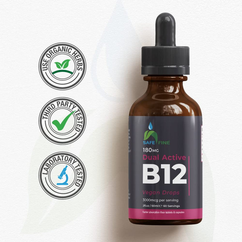 SafeFine Vitamin B12 Vegan Friendly Liquid Drops - 3000mcg - 60 ml Dropper Bottle - Supplement for Energy, Mood & Nerve Function - Sublingual and Dual Action for Fast Absorption - Gluten Free - BeesActive Australia