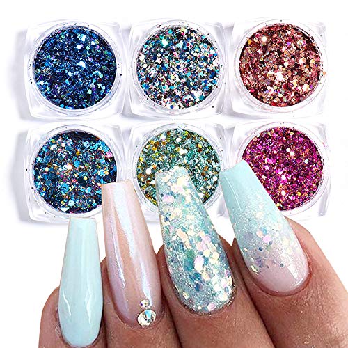 Holographic Nail Art Glitter Acrylic Nail Sequins Mixed Powder Iridescent Flakes Laser Sparkles Nail Tips Decor Crafts Festival for Women Girls DIY Design 6 Boxes - BeesActive Australia