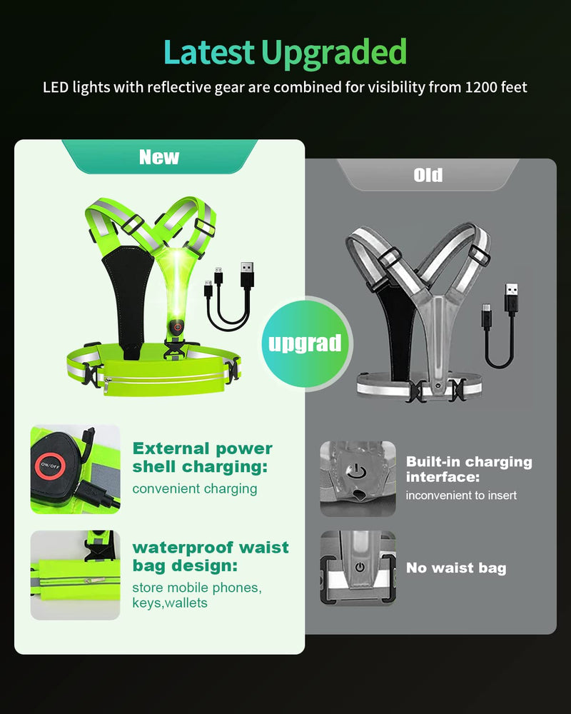AKUSCON LED Reflective Running Vest Gear，USB Rechargeable Light Up Reflective Vest for Walking at Night, Adjustable Reflective Safety Vest for Men Women Include Mobile Waist Bag Reflective Bands Green A - BeesActive Australia
